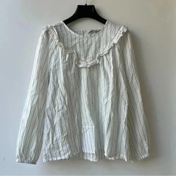 Madewell Ruffle-Yoke Prairie Top - Pinstripe Black and White - Size S - Picture 4 of 9